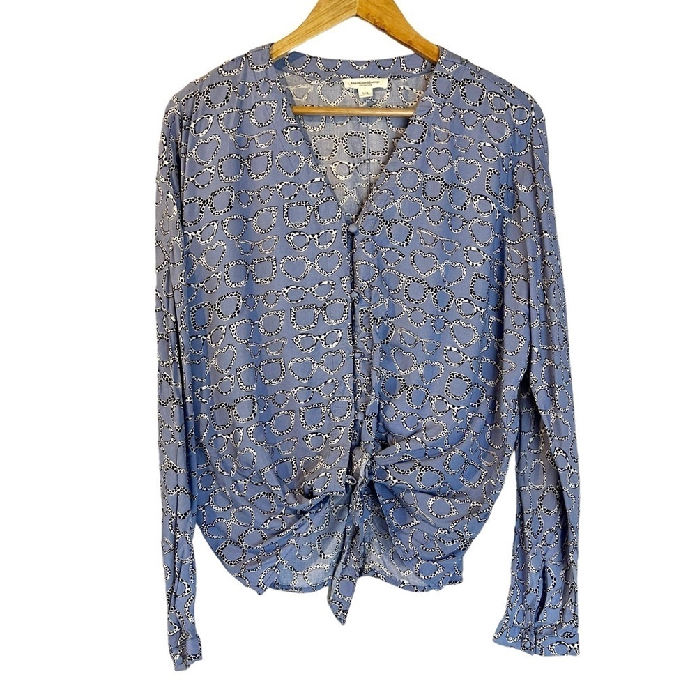 Beachlunchlounge Blue Leopard Eyeglasses Tie Front‎ Blouse L Academia Bookish